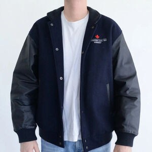 VTG North End Navy & Black  Carpenters Logo Wool And Leather Varsity Bomber Coat